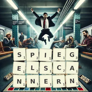 Kreative Illustration für ein Scrabble-Spiel, bei dem das Wort SPIEGELSCANNERN mit Steinen auf dem Brett gelegt wurde.