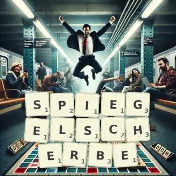 Kreative Illustration für ein Scrabble-Spiel, bei dem das Wort SPIEGELSCHERBE mit Steinen auf dem Brett gelegt wurde.