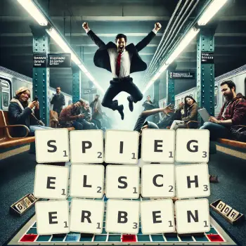 Kreative Illustration für ein Scrabble-Spiel, bei dem das Wort SPIEGELSCHERBEN mit Steinen auf dem Brett gelegt wurde.