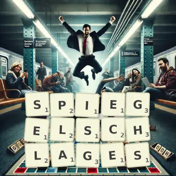 Kreative Illustration für ein Scrabble-Spiel, bei dem das Wort SPIEGELSCHLAGES mit Steinen auf dem Brett gelegt wurde.