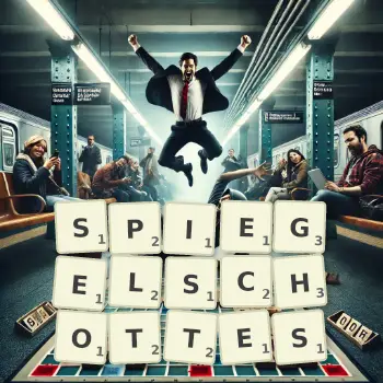 Kreative Illustration für ein Scrabble-Spiel, bei dem das Wort SPIEGELSCHOTTES mit Steinen auf dem Brett gelegt wurde.