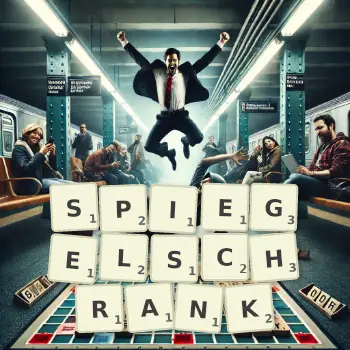 Kreative Illustration für ein Scrabble-Spiel, bei dem das Wort SPIEGELSCHRANK mit Steinen auf dem Brett gelegt wurde.