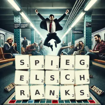 Kreative Illustration für ein Scrabble-Spiel, bei dem das Wort SPIEGELSCHRANKS mit Steinen auf dem Brett gelegt wurde.