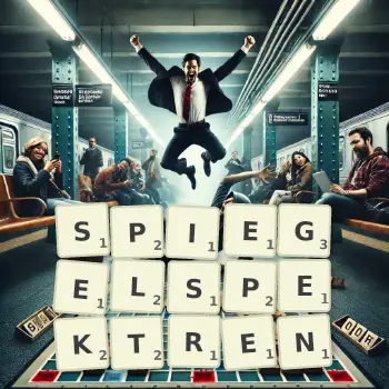Kreative Illustration für ein Scrabble-Spiel, bei dem das Wort SPIEGELSPEKTREN mit Steinen auf dem Brett gelegt wurde.