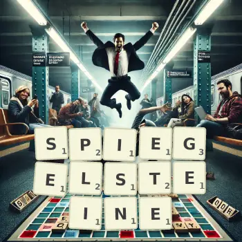 Kreative Illustration für ein Scrabble-Spiel, bei dem das Wort SPIEGELSTEINE mit Steinen auf dem Brett gelegt wurde.