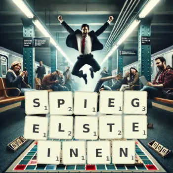 Kreative Illustration für ein Scrabble-Spiel, bei dem das Wort SPIEGELSTEINEN mit Steinen auf dem Brett gelegt wurde.