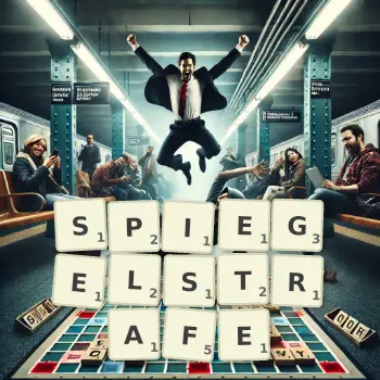 Kreative Illustration für ein Scrabble-Spiel, bei dem das Wort SPIEGELSTRAFE mit Steinen auf dem Brett gelegt wurde.
