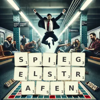 Kreative Illustration für ein Scrabble-Spiel, bei dem das Wort SPIEGELSTRAFEN mit Steinen auf dem Brett gelegt wurde.