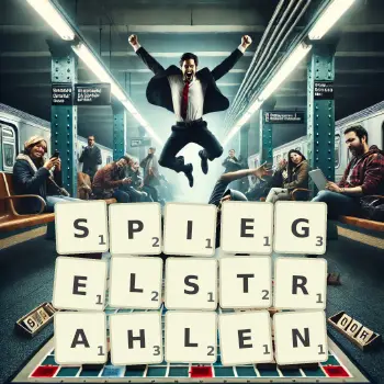 Kreative Illustration für ein Scrabble-Spiel, bei dem das Wort SPIEGELSTRAHLEN mit Steinen auf dem Brett gelegt wurde.