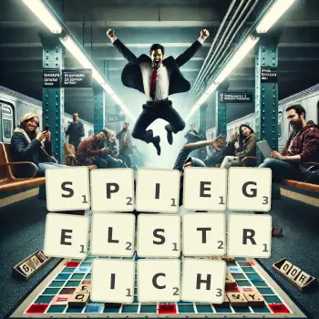 Kreative Illustration für ein Scrabble-Spiel, bei dem das Wort SPIEGELSTRICH mit Steinen auf dem Brett gelegt wurde.