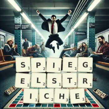 Kreative Illustration für ein Scrabble-Spiel, bei dem das Wort SPIEGELSTRICHE mit Steinen auf dem Brett gelegt wurde.