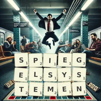 Kreative Illustration für ein Scrabble-Spiel, bei dem das Wort SPIEGELSYSTEMEN mit Steinen auf dem Brett gelegt wurde.