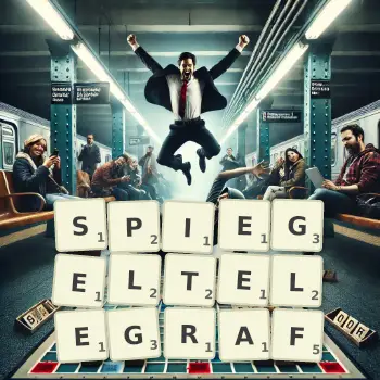 Kreative Illustration für ein Scrabble-Spiel, bei dem das Wort SPIEGELTELEGRAF mit Steinen auf dem Brett gelegt wurde.