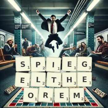 Kreative Illustration für ein Scrabble-Spiel, bei dem das Wort SPIEGELTHEOREM mit Steinen auf dem Brett gelegt wurde.