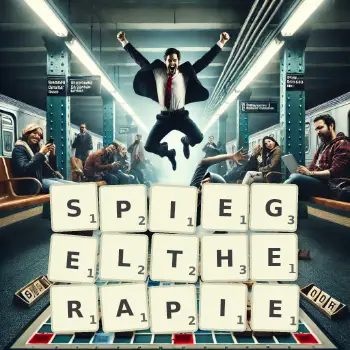 Kreative Illustration für ein Scrabble-Spiel, bei dem das Wort SPIEGELTHERAPIE mit Steinen auf dem Brett gelegt wurde.