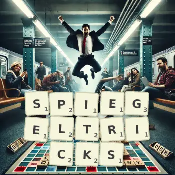 Kreative Illustration für ein Scrabble-Spiel, bei dem das Wort SPIEGELTRICKS mit Steinen auf dem Brett gelegt wurde.
