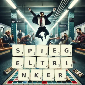Kreative Illustration für ein Scrabble-Spiel, bei dem das Wort SPIEGELTRINKER mit Steinen auf dem Brett gelegt wurde.