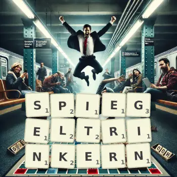 Kreative Illustration für ein Scrabble-Spiel, bei dem das Wort SPIEGELTRINKERN mit Steinen auf dem Brett gelegt wurde.