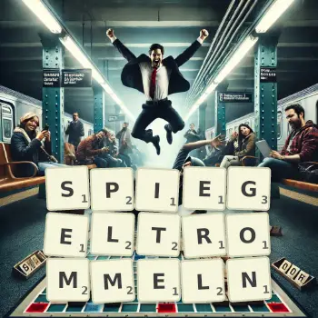 Kreative Illustration für ein Scrabble-Spiel, bei dem das Wort SPIEGELTROMMELN mit Steinen auf dem Brett gelegt wurde.
