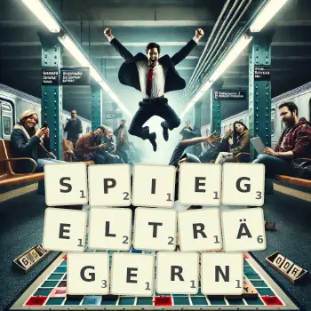 Kreative Illustration für ein Scrabble-Spiel, bei dem das Wort SPIEGELTRÄGERN mit Steinen auf dem Brett gelegt wurde.
