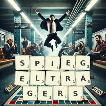 Kreative Illustration für ein Scrabble-Spiel, bei dem das Wort SPIEGELTRÄGERS mit Steinen auf dem Brett gelegt wurde.