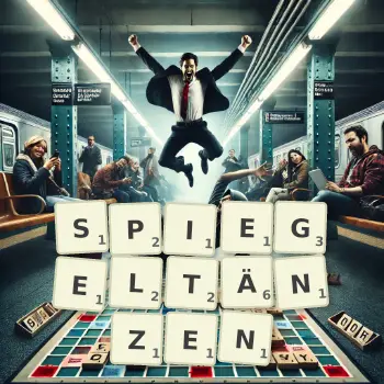 Kreative Illustration für ein Scrabble-Spiel, bei dem das Wort SPIEGELTÄNZEN mit Steinen auf dem Brett gelegt wurde.