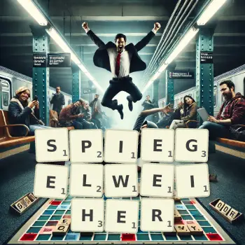 Kreative Illustration für ein Scrabble-Spiel, bei dem das Wort SPIEGELWEIHER mit Steinen auf dem Brett gelegt wurde.