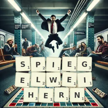 Kreative Illustration für ein Scrabble-Spiel, bei dem das Wort SPIEGELWEIHERN mit Steinen auf dem Brett gelegt wurde.