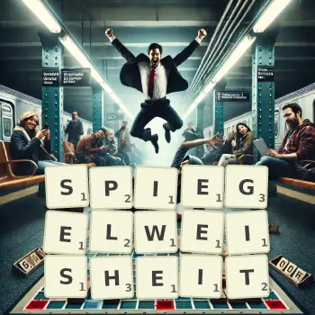 Kreative Illustration für ein Scrabble-Spiel, bei dem das Wort SPIEGELWEISHEIT mit Steinen auf dem Brett gelegt wurde.