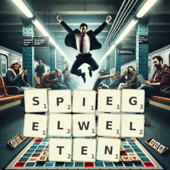 Kreative Illustration für ein Scrabble-Spiel, bei dem das Wort SPIEGELWELTEN mit Steinen auf dem Brett gelegt wurde.