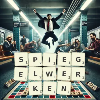 Kreative Illustration für ein Scrabble-Spiel, bei dem das Wort SPIEGELWERKEN mit Steinen auf dem Brett gelegt wurde.