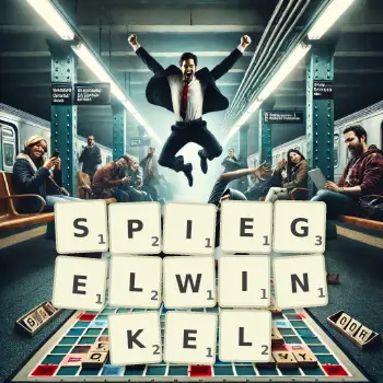 Kreative Illustration für ein Scrabble-Spiel, bei dem das Wort SPIEGELWINKEL mit Steinen auf dem Brett gelegt wurde.