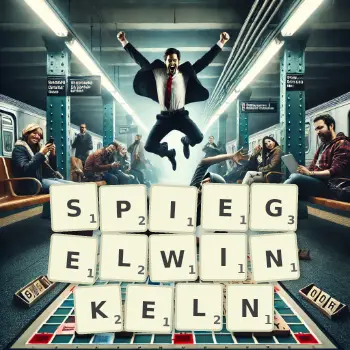 Kreative Illustration für ein Scrabble-Spiel, bei dem das Wort SPIEGELWINKELN mit Steinen auf dem Brett gelegt wurde.