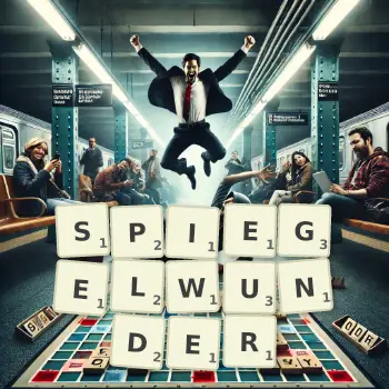 Kreative Illustration für ein Scrabble-Spiel, bei dem das Wort SPIEGELWUNDER mit Steinen auf dem Brett gelegt wurde.