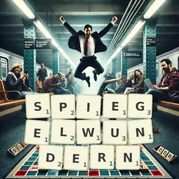 Kreative Illustration für ein Scrabble-Spiel, bei dem das Wort SPIEGELWUNDERN mit Steinen auf dem Brett gelegt wurde.