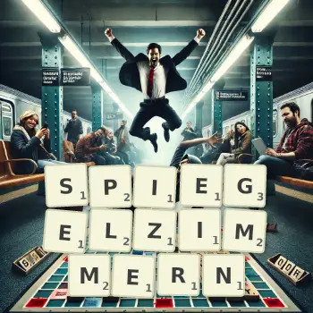 Kreative Illustration für ein Scrabble-Spiel, bei dem das Wort SPIEGELZIMMERN mit Steinen auf dem Brett gelegt wurde.