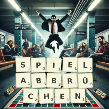 Kreative Illustration für ein Scrabble-Spiel, bei dem das Wort SPIELABBRÜCHEN mit Steinen auf dem Brett gelegt wurde.