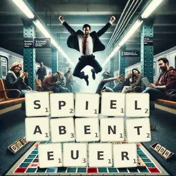 Kreative Illustration für ein Scrabble-Spiel, bei dem das Wort SPIELABENTEUER mit Steinen auf dem Brett gelegt wurde.