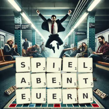 Kreative Illustration für ein Scrabble-Spiel, bei dem das Wort SPIELABENTEUERN mit Steinen auf dem Brett gelegt wurde.