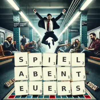 Kreative Illustration für ein Scrabble-Spiel, bei dem das Wort SPIELABENTEUERS mit Steinen auf dem Brett gelegt wurde.
