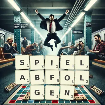 Kreative Illustration für ein Scrabble-Spiel, bei dem das Wort SPIELABFOLGEN mit Steinen auf dem Brett gelegt wurde.