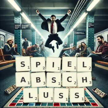 Kreative Illustration für ein Scrabble-Spiel, bei dem das Wort SPIELABSCHLUSS mit Steinen auf dem Brett gelegt wurde.