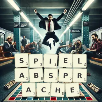 Kreative Illustration für ein Scrabble-Spiel, bei dem das Wort SPIELABSPRACHE mit Steinen auf dem Brett gelegt wurde.