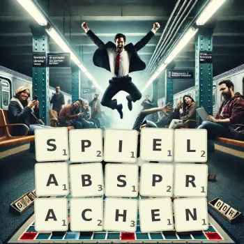 Kreative Illustration für ein Scrabble-Spiel, bei dem das Wort SPIELABSPRACHEN mit Steinen auf dem Brett gelegt wurde.
