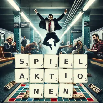 Kreative Illustration für ein Scrabble-Spiel, bei dem das Wort SPIELAKTIONEN mit Steinen auf dem Brett gelegt wurde.