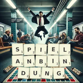 Kreative Illustration für ein Scrabble-Spiel, bei dem das Wort SPIELANBINDUNG mit Steinen auf dem Brett gelegt wurde.