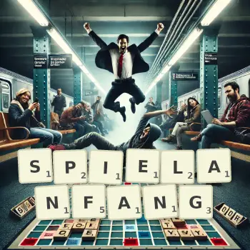Kreative Illustration für ein Scrabble-Spiel, bei dem das Wort SPIELANFANG mit Steinen auf dem Brett gelegt wurde.