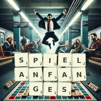 Kreative Illustration für ein Scrabble-Spiel, bei dem das Wort SPIELANFANGES mit Steinen auf dem Brett gelegt wurde.