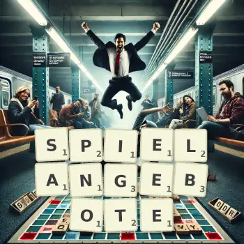 Kreative Illustration für ein Scrabble-Spiel, bei dem das Wort SPIELANGEBOTE mit Steinen auf dem Brett gelegt wurde.