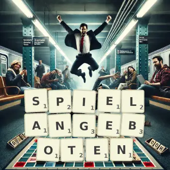 Kreative Illustration für ein Scrabble-Spiel, bei dem das Wort SPIELANGEBOTEN mit Steinen auf dem Brett gelegt wurde.